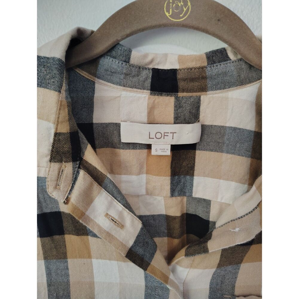LOFT Women's Small Plaid Flannel Shirt Tan Black Button Down Cotton Relaxed Top - Picture 5 of 6
